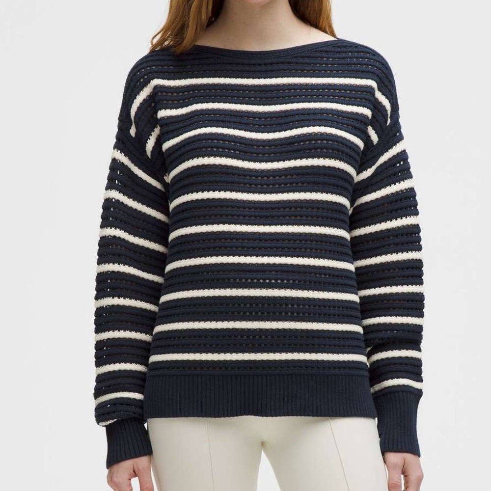 Lululemon Cotton Crochet Pullover Club Navy Blue / Light Ivory Stripe Size XL
